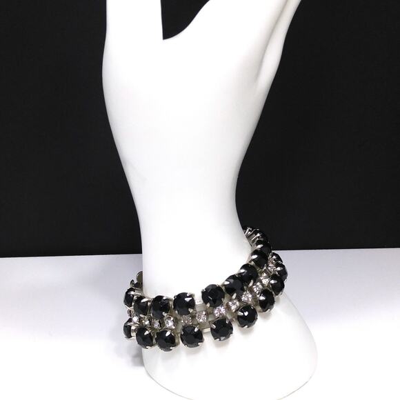 Vintage Black & Clear Rhinestone Bracelet, Rhodium Plated, 1950s - Picture 6 of 10